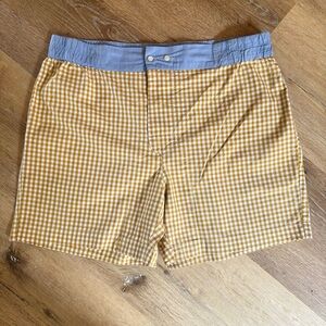 Alex Mill Yellow Gingham Boxer Shorts with Light Blue Waistband